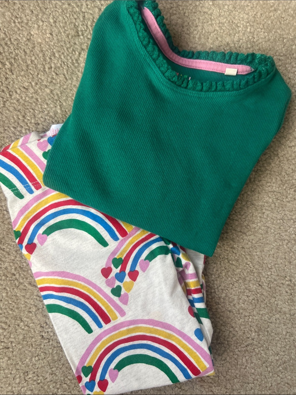 Mini Boden Emerald Green Ribbed Top with Rainbow Heart Print Set
